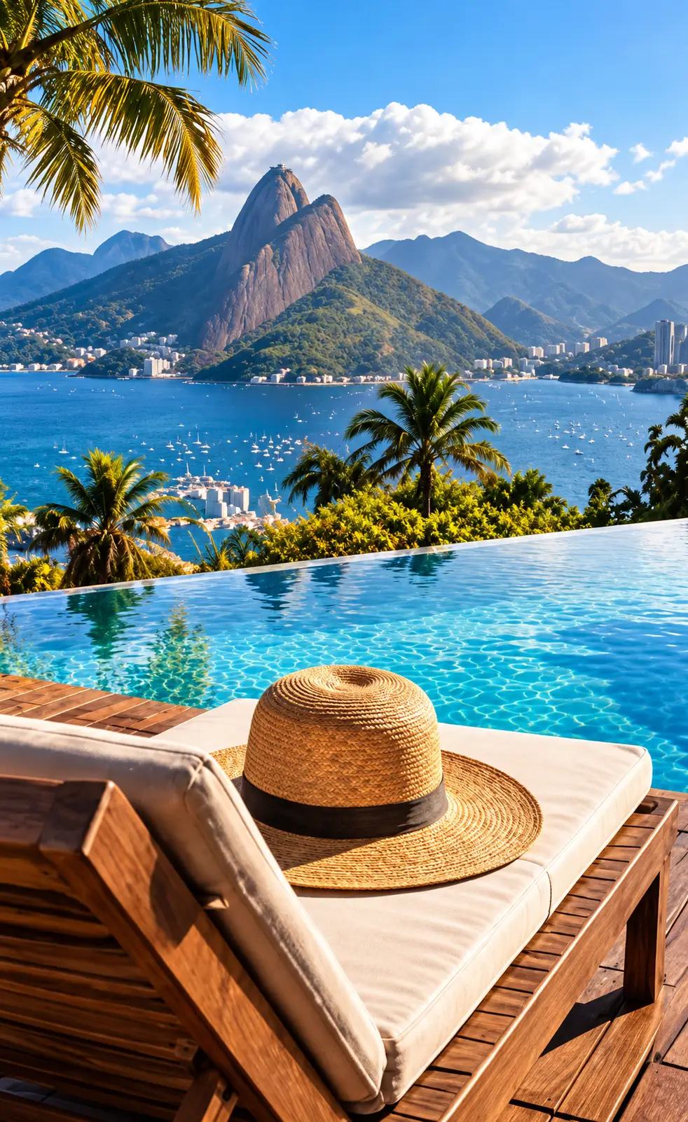 Sombrero de paja junto a una piscina infinita con vista a Río de Janeiro