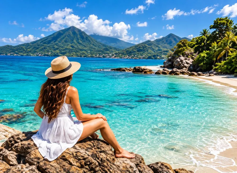 Traveler sitting on rocks by a turquoise beach