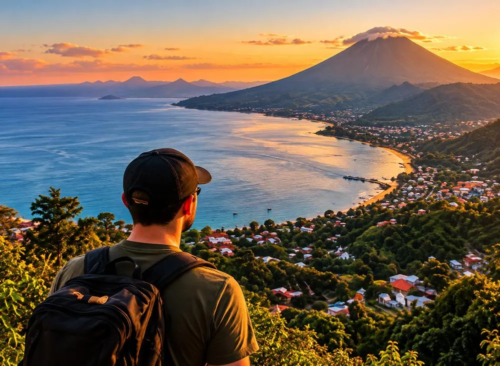 Traveler overlooking Lake Atitlán and its volcanoes