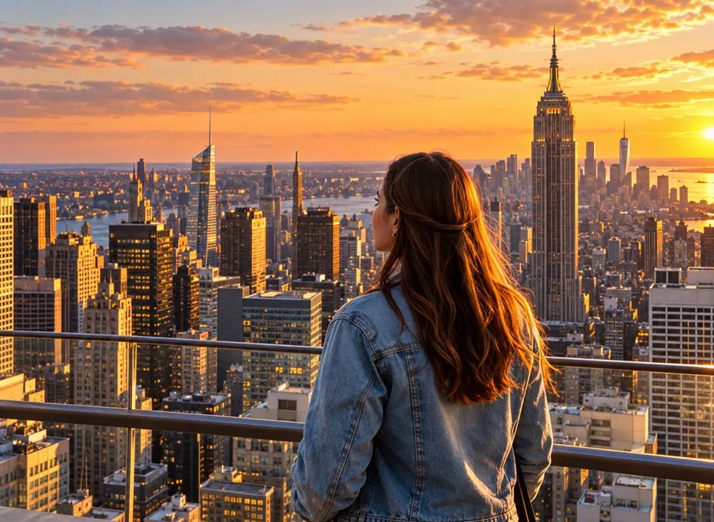 Traveler looking at the New York skyline at sunset