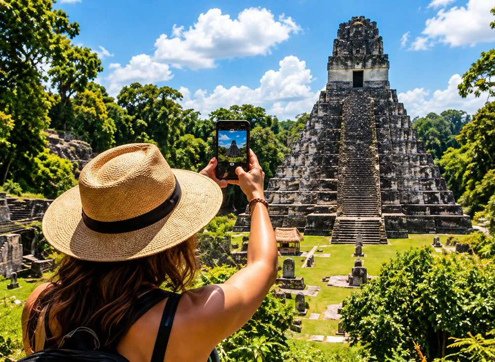 Traveler photographing the Tikal temple in Guatemala with her phone