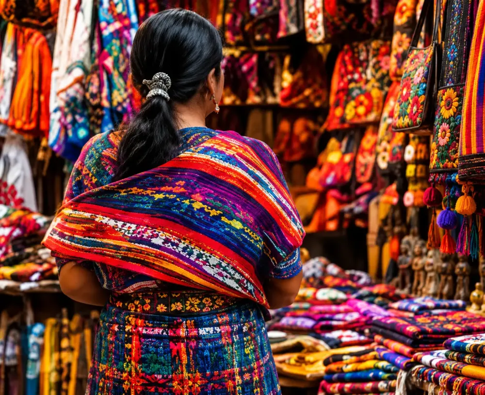 Mujer con traje típico en un mercado de textiles guatemaltecos