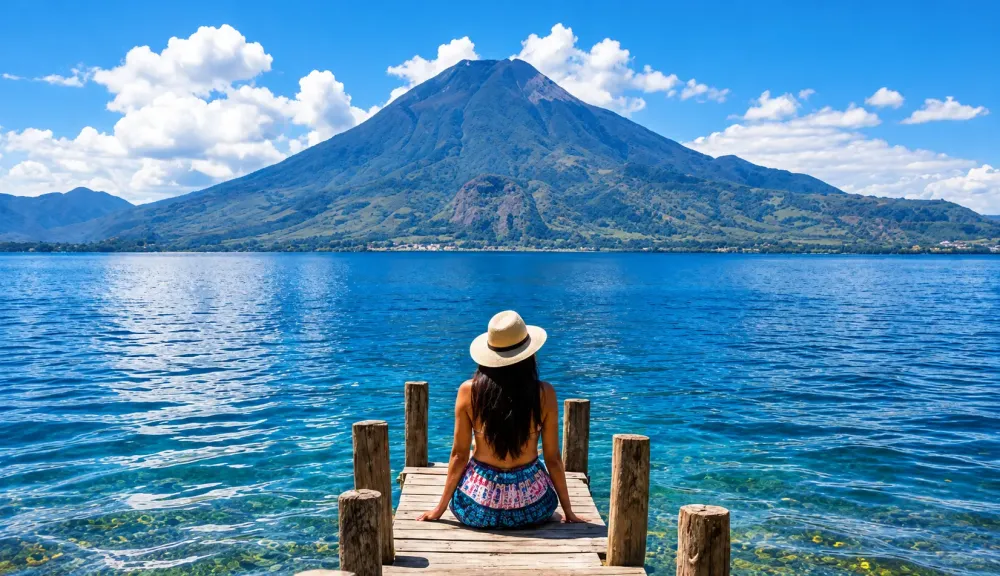 Viajera en un muelle del lago de Atitlán con un volcán al fondo