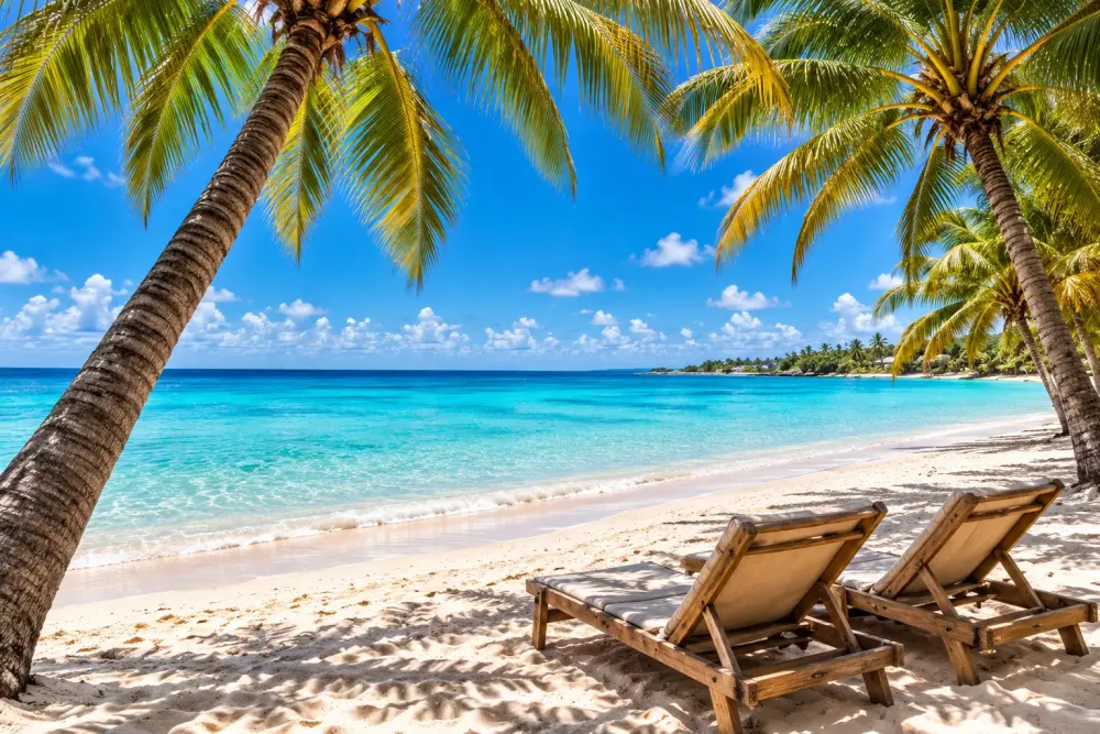 Palmeras y camastros en una playa caribeña de arena blanca
