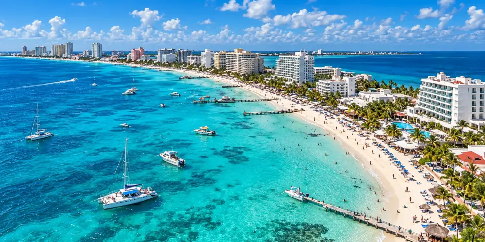 Vista aérea de una playa de Cancún con hoteles y embarcaciones