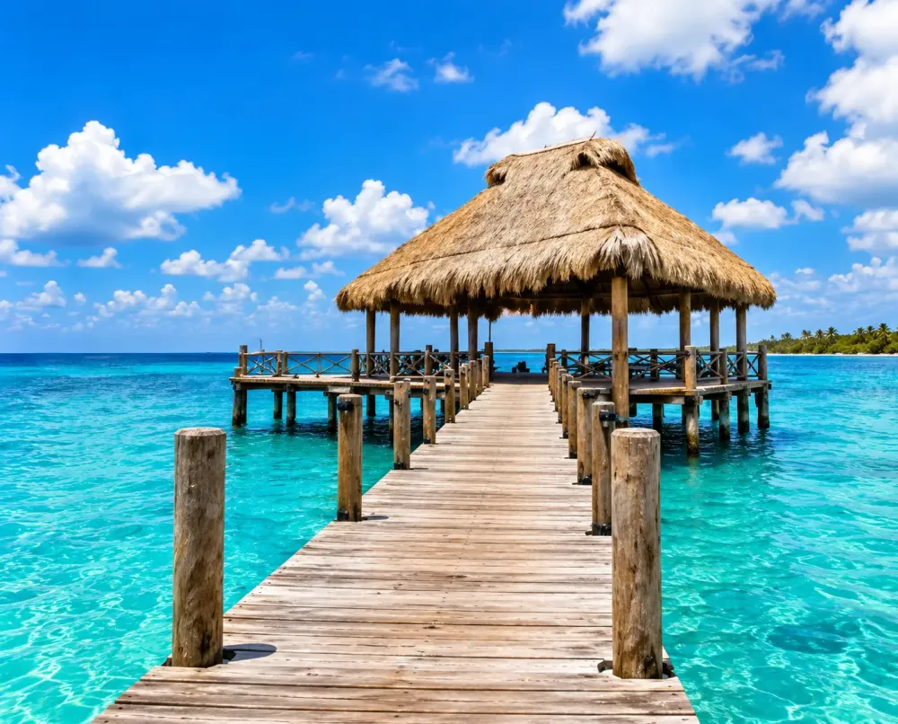 Muelle de madera que lleva a una palapa sobre el agua turquesa