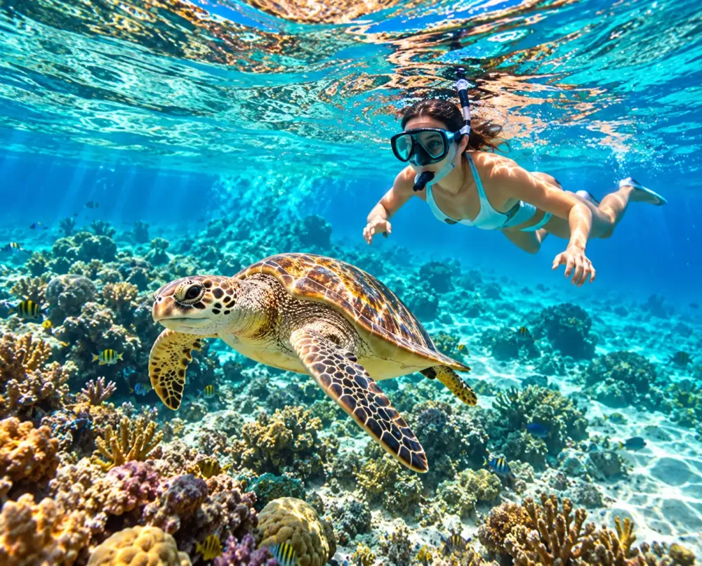 Persona haciendo esnórquel junto a una tortuga marina sobre un arrecife