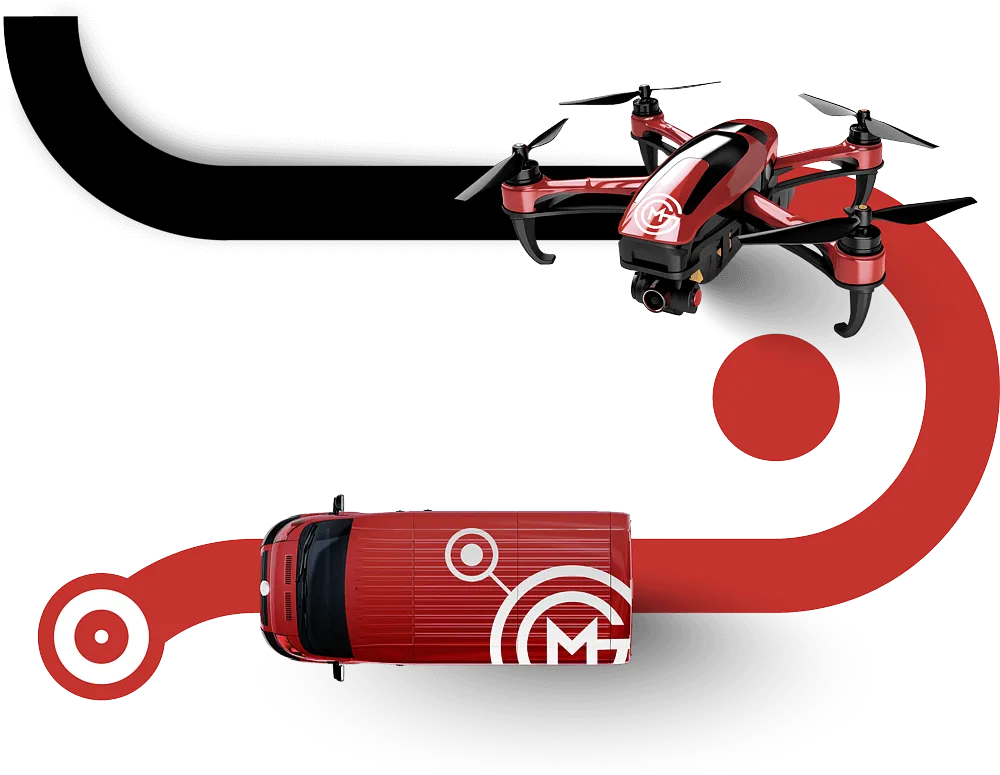 Dron, auto y diana con la marca Media Global Group que ilustran el alcance global
